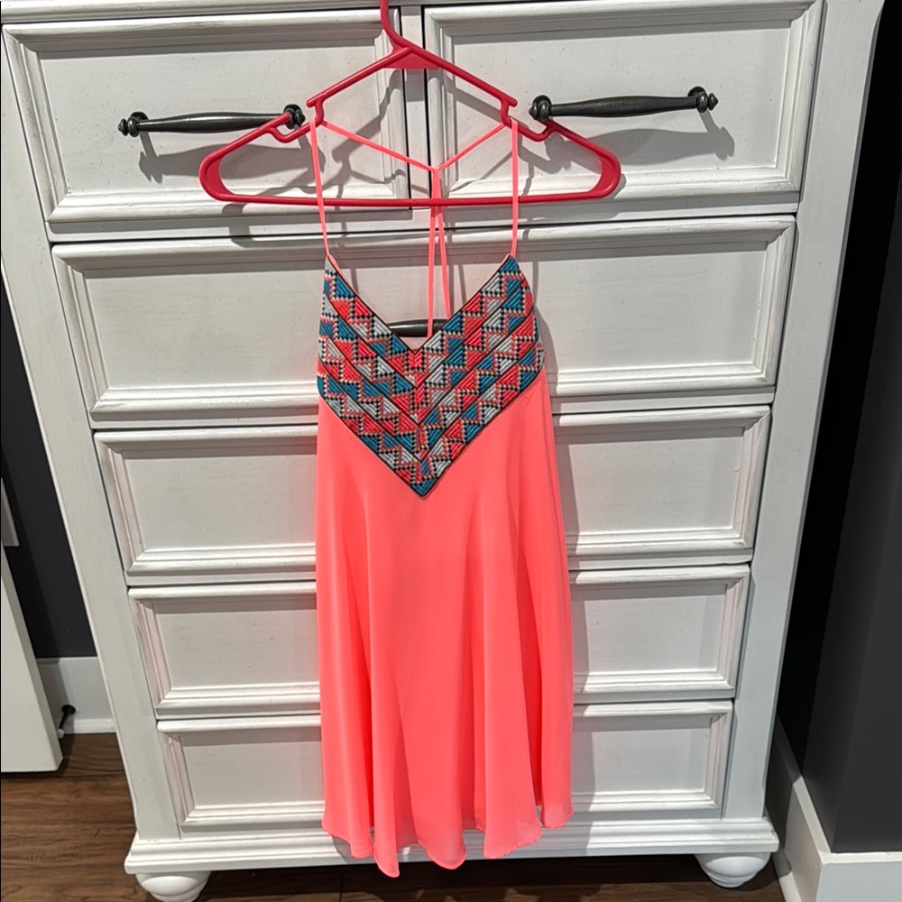 Jodi Kristopher Coral Dress with Geometric Accents